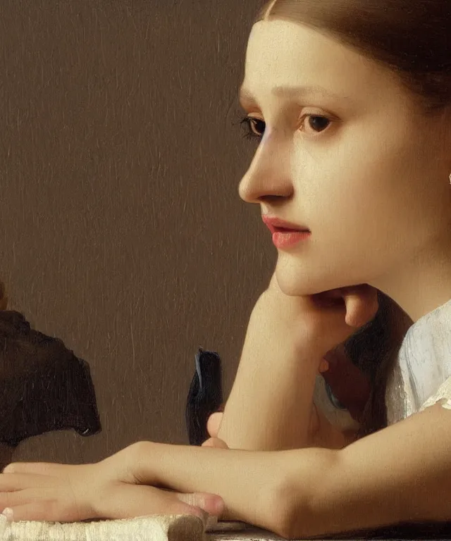 Image similar to a highly detailed, beautifully lit close portrait of a pretty, 1 4 year old alicia vikander resting her head on a table by an open window, oil painting portrait by vermeer and bouguereau and waterhouse