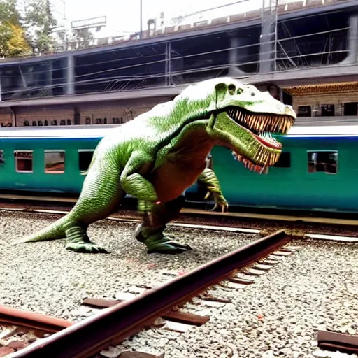 Image similar to a t - rex stucks in a train