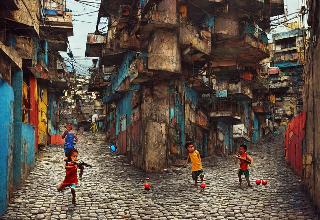 Image similar to photorealistic favela rocinha rio de janeiro with precise rendered alleys with intricate details of gun happy people in alley close view of kid playing with colorful ball and flying kit by Justin Gerard