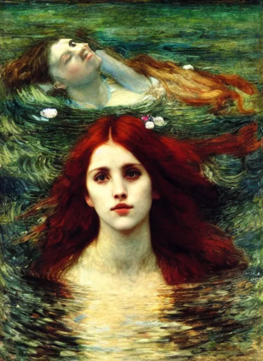 Image similar to lady of shallot as ophelia, underwater, submerged, close up portrait by john william waterhouse, rosetti, monet, william holman hunt, 8 k