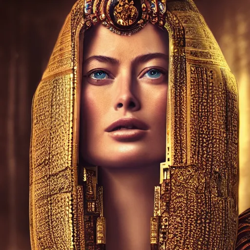 Prompt: hyperdetailed image of Doutzen Kroes as Cleopatra, rich deep colors, masterpiece, very coherent symmetrical artwork, cinematic, hyper realism, high detail, octane render, unreal engine, 8k, Vibrant colors, Smooth gradients, High contrast, depth of field, full body character drawing, intricate detail