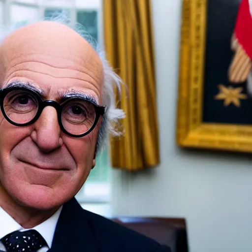 Image similar to closeup portrait of president Larry David in the oval office, studio lighting, 8k