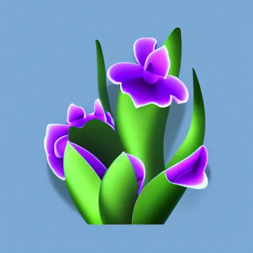 Image similar to isometric perspective icon of a cattleya orchid in monochromatic light blue reflective metallic iridescent material, 3 d render on dark background