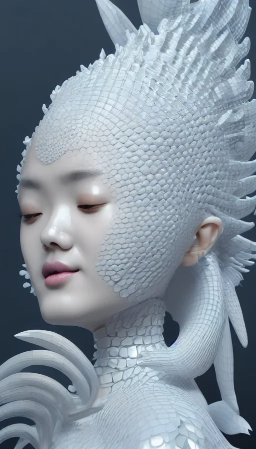 Image similar to 3 d goddess close - up profile portrait. beautiful intricate highly detailed korean gumiho mask and traditional hanbok. stingray magpie, bio luminescent, plasma, ice, water, wind, creature, artwork by tooth wu and wlop and beeple and greg rutkowski, octane 3 d render