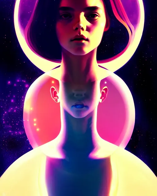 Image similar to girl in space, floating beside planets, symmetrical face and body, symmetrical composition, dynamic wavey hair, detailed designs, digital painting, 4 k, by ilya kuvshinov, by greg rutkowski, atmospheric lighting