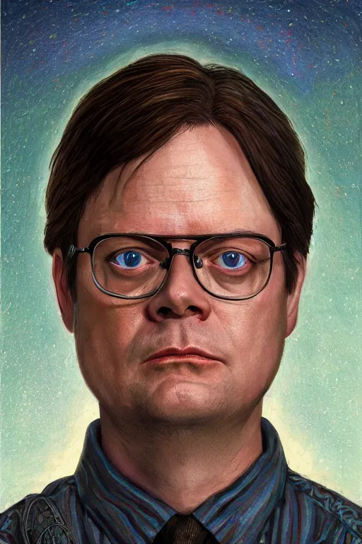 Image similar to beautiful tarot card of Dwight Schrute, oil on canvas, intricate, symmetrical, portrait, 8k highly professionally detailed, HDR, CGsociety