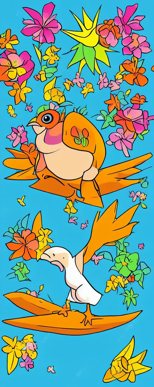 Image similar to cute cartoon chibi anime style illustration of a dodo bird surfing. super cute. tropical. colorful.