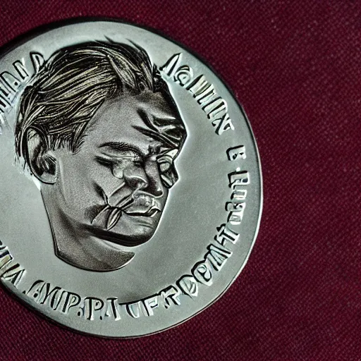 Image similar to Gregor Giesi Face stamped on a coin. 4K ultrahd. Artstation.