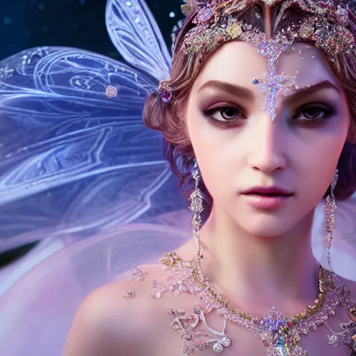 Image similar to portrait of fairy princess, glowing, ornate and intricate jewelry, jaw dropping beauty, glowing background lighting, white accent lighting, hyper detailed, fairy tale, 4 k octane render