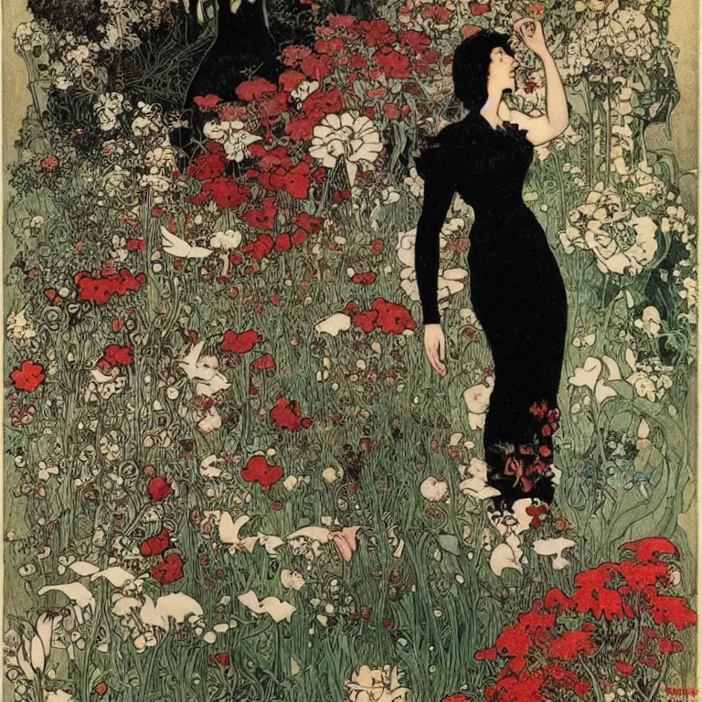 Image similar to Woman standing in a black dress, black and red lips and white hair, she is standing in a garden with flowers and birds Anton Pieck,Jean Delville, Amano,Yves Tanguy, Alphonse Mucha, Ernst Haeckel, Edward Robert Hughes,Stanisław Szukalski and Roger Dean