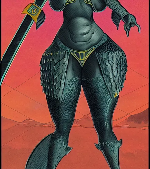 Image similar to 1 9 8 0 s fantasy novel book cover, bbw plus size amazonian doja cat in extremely tight bikini armor wielding a cartoonishly large sword, exaggerated body features, dark and smoky background, low quality print