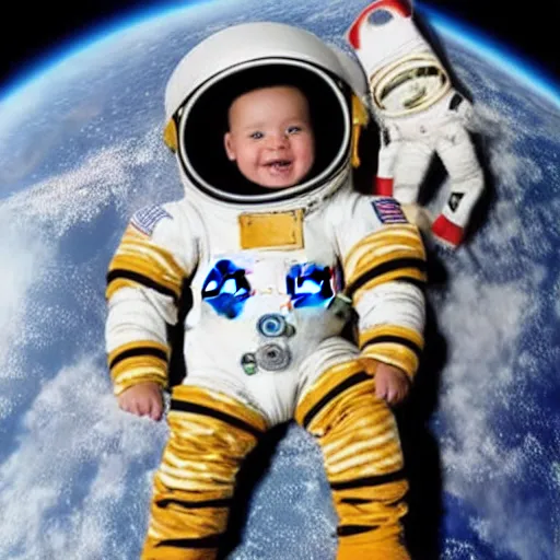 Prompt: an infant dressed in a nasa space suit