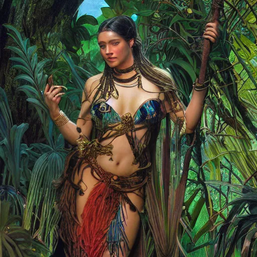 Image similar to portrait of a beautiful alluring female aztec queen in a dense jungle at sunset, detailed, centered, digital painting, artstation, concept art, donato giancola, alphonse mucha, Joseph Christian Leyendecker, WLOP, Boris Vallejo, Breathtaking, 8k resolution, extremely detailed, beautiful, establishing shot, artistic, hyperrealistic, beautiful face, octane render