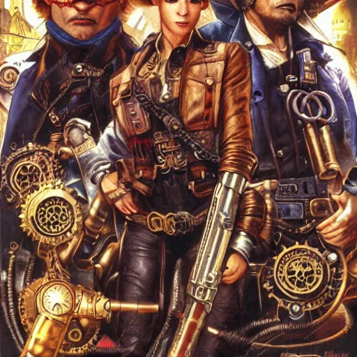 Prompt: steampunk action adventure movie poster by drew struzan,