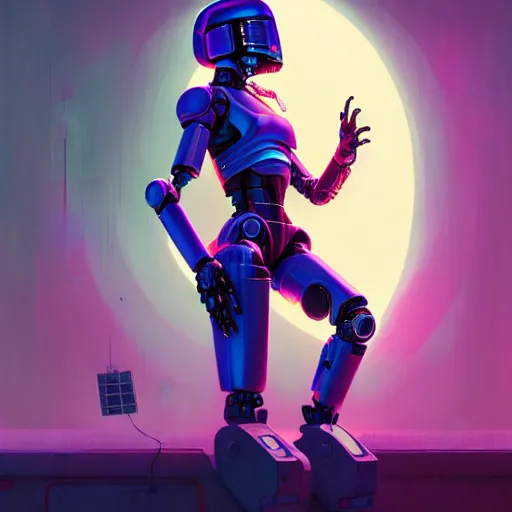 Image similar to highly detailed surreal neon robot android young christina hendricks, robocop, scream, stephen bliss, unreal engine, greg rutkowski, loish, rhads, beeple, makoto shinkai and lois van baarle, ilya kuvshinov, rossdraws, tom bagshaw, global illumination, detailed and intricate environment