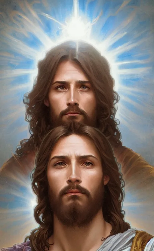 Image similar to Portrait of Jesus with a divine halo, intricate, headshot, highly detailed, digital painting, artstation, concept art, sharp focus, cinematic lighting, illustration, art by artgerm and greg rutkowski, alphonse mucha, cgsociety