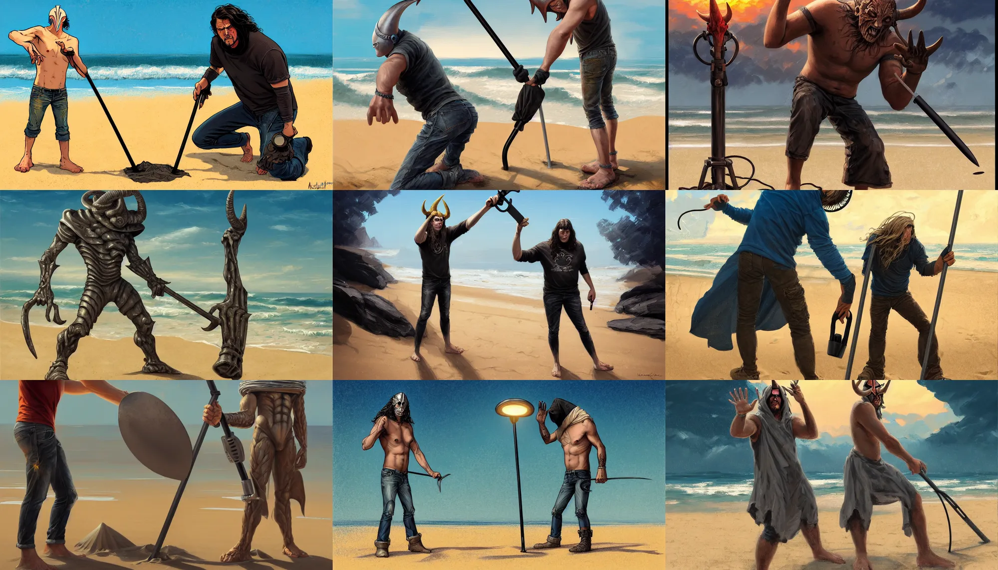 Prompt: metalhead man with a metal detector finding a hand sticking out of the sand of a beach with the signs of the horns hand gesture, pixar style, shaded lighting poster by magali villeneuve, artgerm, jeremy lipkin and michael garmash, rob rey and kentaro miura style, trending on art station