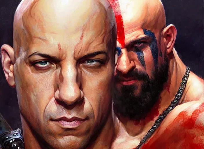 Image similar to a highly detailed beautiful portrait of vin diesel as kratos, by gregory manchess, james gurney, james jean