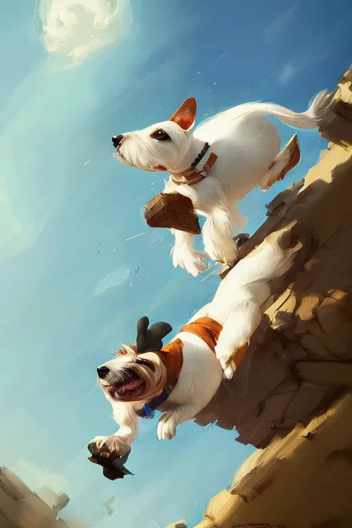 Image similar to adorable jack russel terrier jumping over a small house, wide angle fantasy art, artstation character design contest winner, trending on cgsociety, concept art, speedpaint, beautiful digital art, jesper ejsing, james jean, justin gerard, fenghua zhong, makoto shinkai, highly detailed