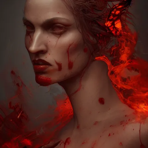 Prompt: sculpture of a woman, gloomy, blood, fire, intricate, elegant, highly detailed, digital painting, artstation, concept art, matte, sharp focus, illustration, octane render, unreal engine, art by aenaluck and roberto ferri and greg rutkowski, epic fantasy, digital painting