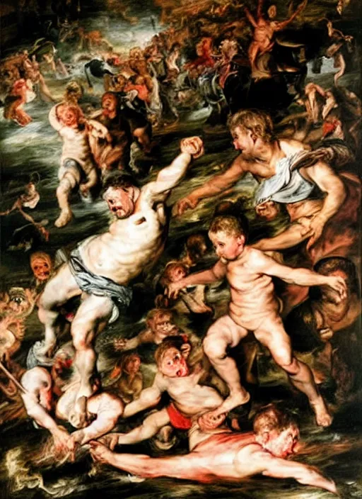 Image similar to adventure playground accident, adventure playground accident, adventure playground accident, oil on canvas by peter paul rubens. style fall of the damned by peter paul rubens