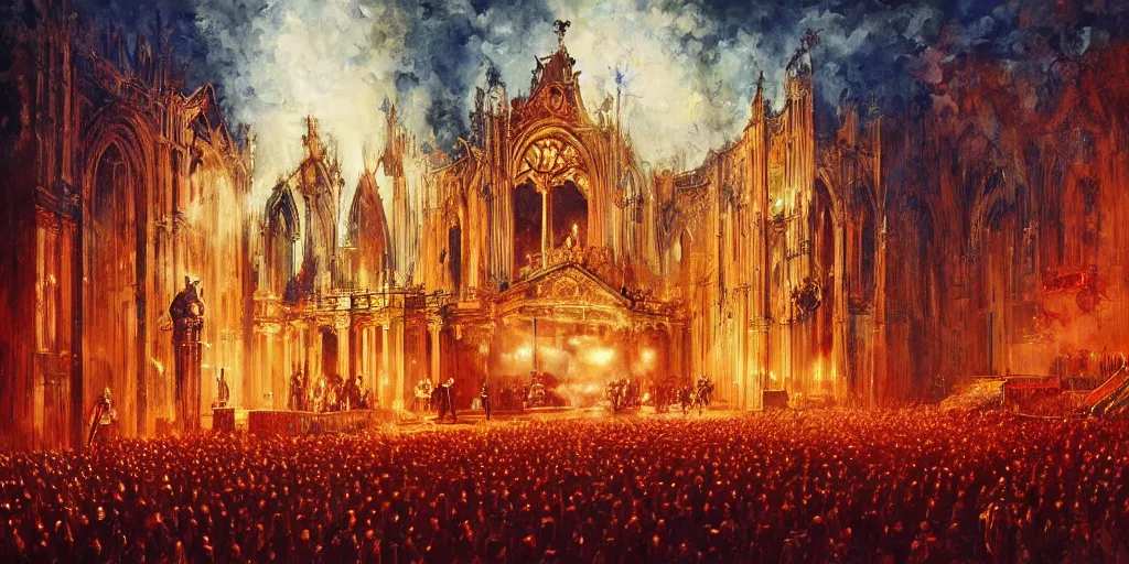 Prompt: Rammstein performing live on stage, 19th century cathedral style with lights and large sound speakers, by Megan Duncanson and Raphael Lacoste, detailed 3d gothic oil painting