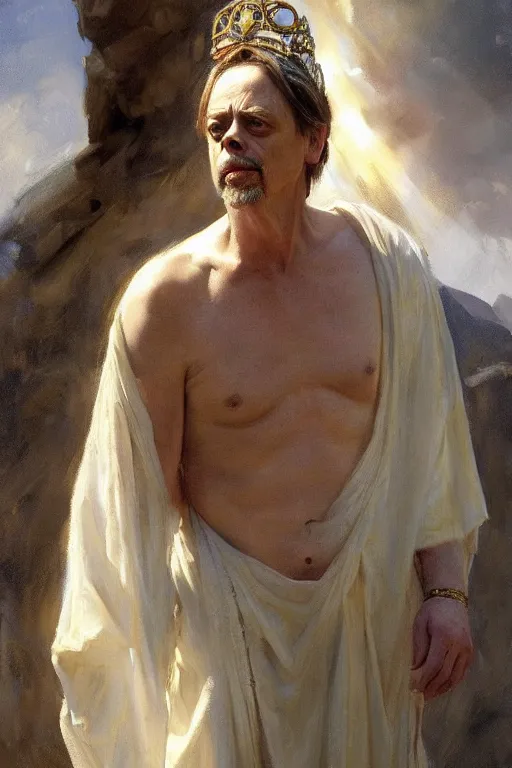 Image similar to beautiful oil painting portrait of ancient roman god emperor steve buscemi wearing the civic crown levitating and ascending religious pose, ascension, art by anders zorn, wonderful masterpiece by greg rutkowski, expressive brush strokes, beautiful cinematic light, american romanticism by greg manchess, jessica rossier