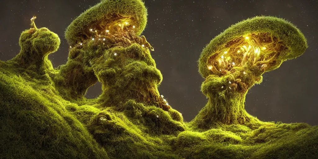 Image similar to a beautiful macro photography of moss with alien fungus, hyperdetailed, warm volumetric lights , made by Gerald Brom and Mike Winkelmann