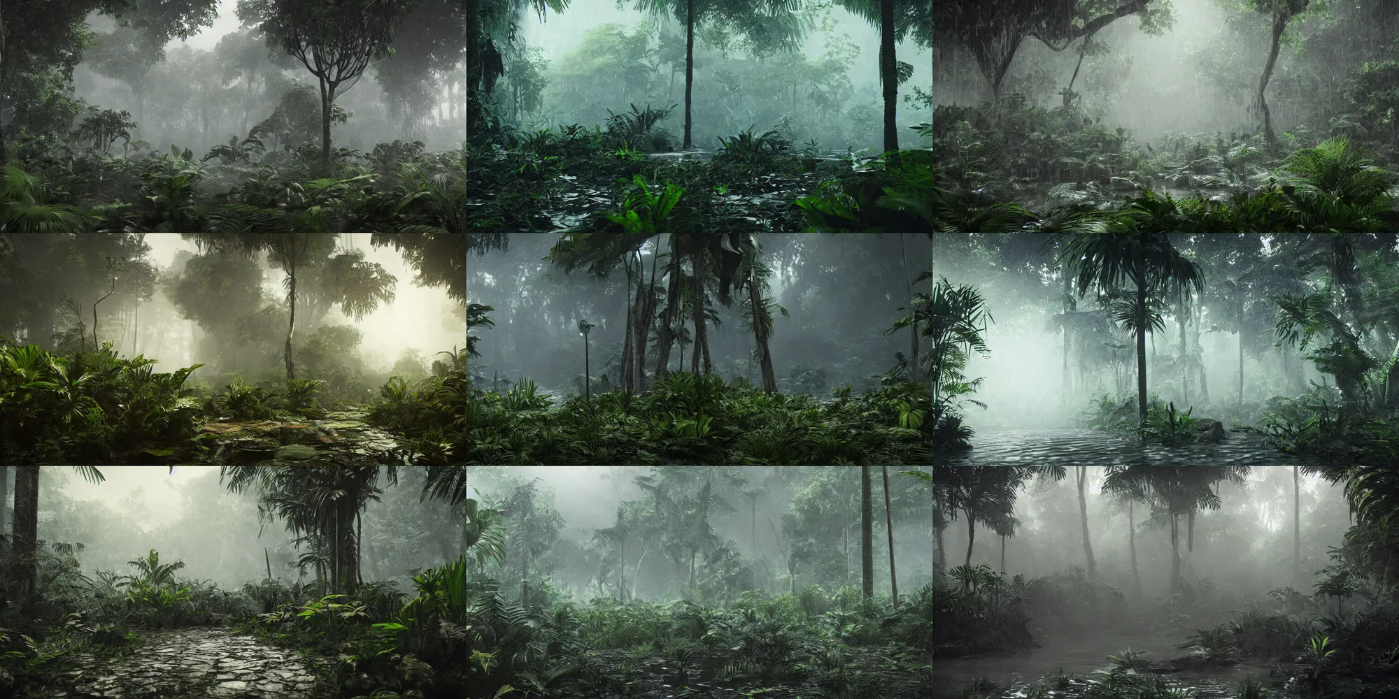 Prompt: Jungle, rain, sunrise, high quality render, artstation, Unreal engine 5, octane render, 4k, dark gray background