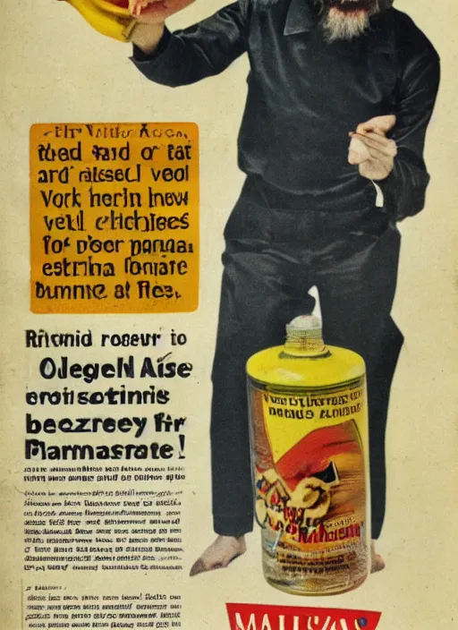 Prompt: vintage pharamaceutical magazine advertisement depicting charles manson slipping on a banana peel