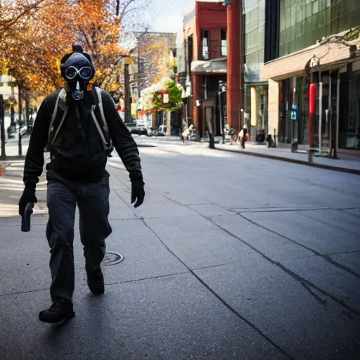 Prompt: man in a gasmask screaming walking down the streets of seattle, sunlight, sunny day, full shot