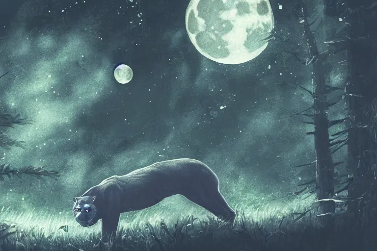 Image similar to a panther roaring at the moon in a forest during the night, large moon in the center. high quality. artistic. illustration. 4 k. cinematic. photoreal. highly detailed. dramatic. dark colors. night.