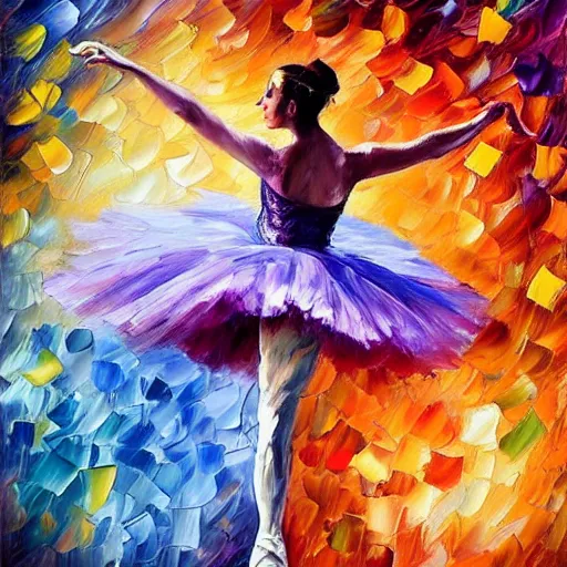 Prompt: palette knife oil painting of a leaping ballerina dancer, extreme detail, style by leonid afremov and degas, artstation, artgerm, deviant art, octane, substance, art history