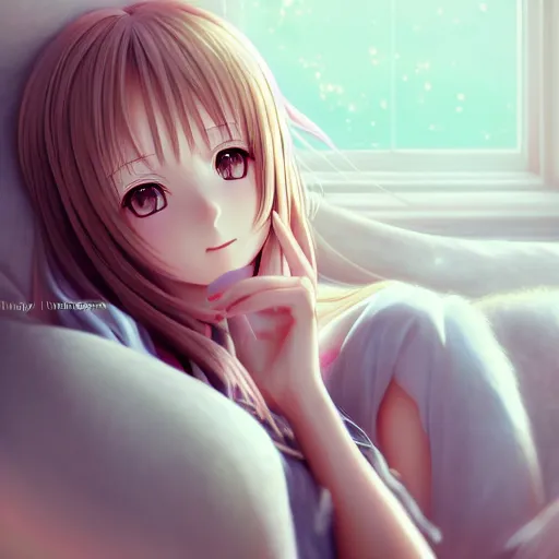 Prompt: beautiful serene intricate portrait of a realistic anime girl, smiling softly, wearing casual clothes, relaxing on the couch, interior lighting, cozy living room interior, soft focus, 8 k, art by irakli nadar, hyperrealism, hyperdetailed, ultra realistic