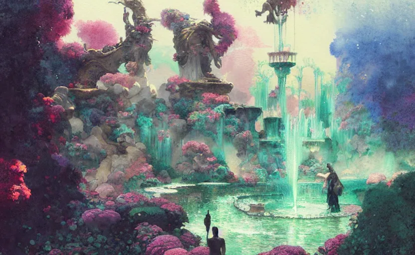 Image similar to magical fountain, fantasy. intricate, amazing composition, colorful watercolor, by ruan jia, by maxfield parrish, by marc simonetti, by hikari shimoda, by robert hubert, by zhang kechun, illustration, gloomy