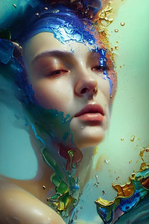 Prompt: close - up portrait of a beauty by irakli nadar with intricate detailed color smashing fluid oilpaint, color leaves, melting wax, broken mirror, fluid acrilic, abstract impressionism, ruan jia, scifi, fantasy, hyper detailed, octane render, concept art, by peter mohrbacher and gustav klimt,