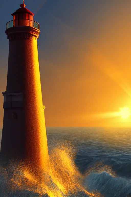 Image similar to highly detailed lighthouse with heavy waves at sunset, global illumination, god rays, detailed and intricate environment, 8 k