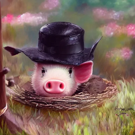 Image similar to cute and adorable miniature piggy pig2 wearing a cute hat on garden during a summer day, highly detailed, digital painting, artstation, concept art, smooth, sharp focus, illustration, art by yee chong and sydney hanson and rossdraws and greg rutkowski