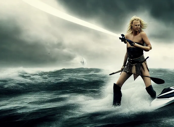 Image similar to dramatic photo of charlize theron as a viking women with weapons riding on a jet ski, wearing skin - tight futuristic valkerie bikini, rough seas in background, lightning storms, water world, mad max, hyper - realistic, highly detailed, accurate, 8 k octane render, 2 8 mm, wide angle, rule of thirds