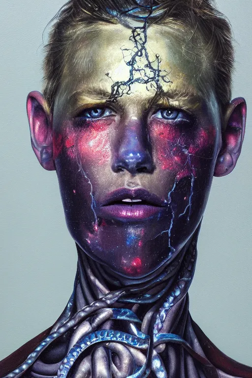 Image similar to hyperrealism oil painting, close - up portrait of face from a tangle of snakes fashion model, knight, steel gradient mixed with nebula sky, in style of baroque