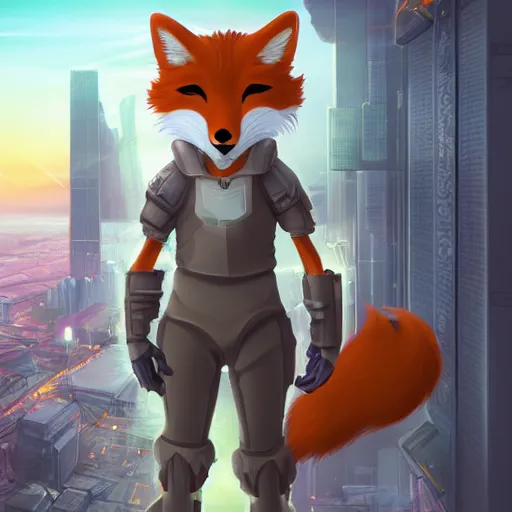 Image similar to an anthropomorphic fox with a fluffy tail staring over a futuristic city from the top of a roof, highly detailed, trending on furaffinity, cyberpunk, backlighting, cartoon