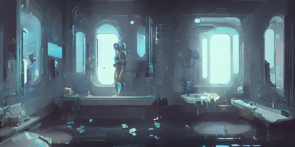 Image similar to bathroom interior, cyberpunk, lofi, detailed, loish, trends in artstation by peter mohrbacher,