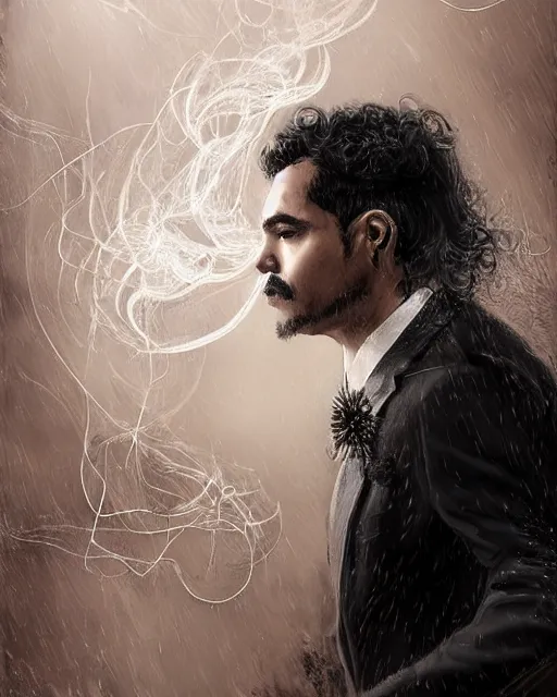 Prompt: a highly detailed portrait of carlos valdes radiating a powerful energy aura, ornate black tuxedo, clean - shaven!!!!!!!!!!!!!!, wispy tendrils of smoke, intricate, digital painting, old english, raining, sepia, particles floating, whimsical background by marc simonetti, artwork by liam wong