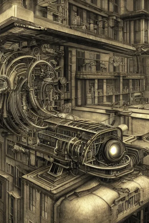 Image similar to strange retro sci - fi quantum teleportation gizmo, thingamajig. steampunk, dieselpunk techno - magical engine vray cryengine hyperrealism photorealistic hyperdetailed by edward hopper, mc escher and hr giger.