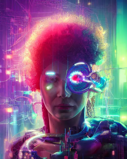 Image similar to a cyberpunk close up portrait of cyborg medusa, electricity, rainbow, snakes in hair, sparks, bokeh, soft focus, skin tones, warm, daylight, geometric, by unreal engine, paul lehr, jesper ejsing