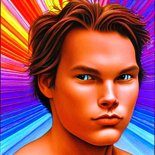 Image similar to river phoenix by Alex Grey and Lisa Frank and William Adolphe Bouguereau