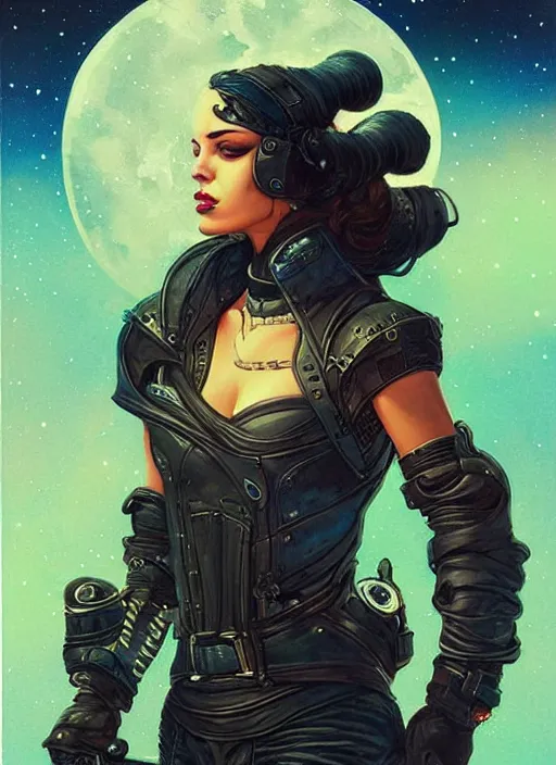 Image similar to portrait of female space pirate, night sky background, beautiful! coherent! by brom, deep color, strong line, high contrast