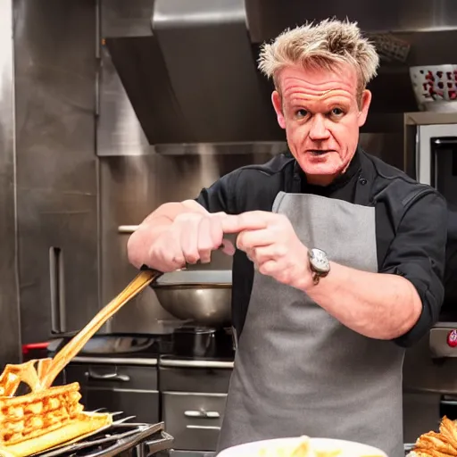 Image similar to Gordon Ramsey cooking a unicorn in a intricate wafflehouse kitchen 4k