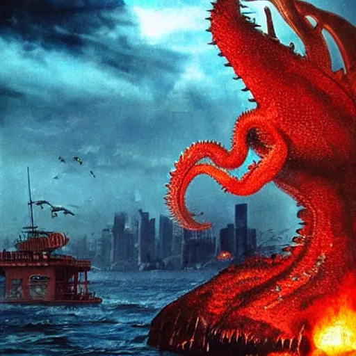 Prompt: godzila is fighting with a giant squid! epic city landscape! japanese vibe