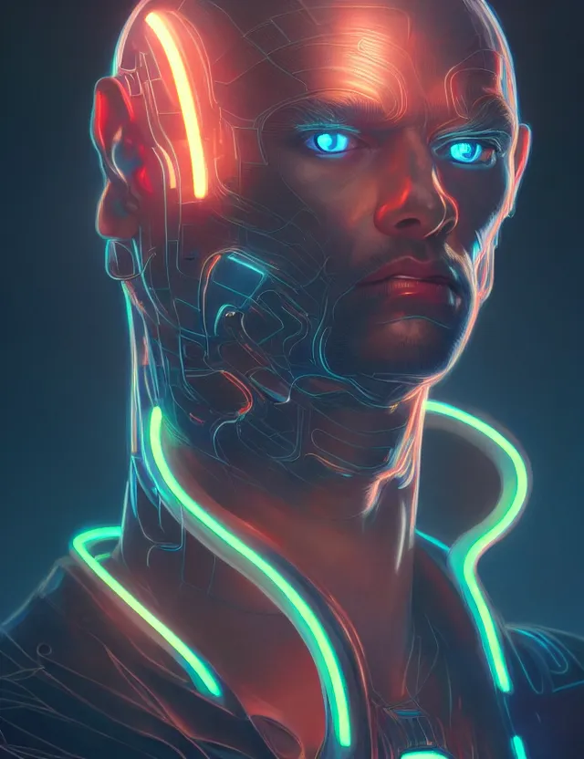 Image similar to portrait of male humanoid, intricate, masculine, cyber neon lighting, highly detailed, digital photography, artstation, stylish pose, concept art, smooth, sharp focus, illustration, art by artgerm and greg rutkowski